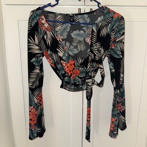 Windsor Tropical Floral Wrap Blouse - Black and Red